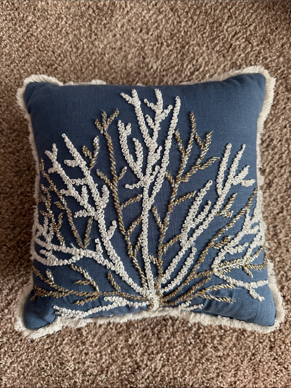 Navy Embroidered Coral Accent Pillow with Metallic Thread